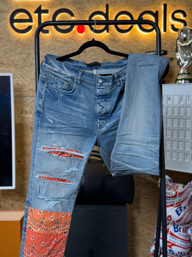 AMIRI Vintage Bandana Art Patch Jeans Clay Indigo Orange Men’s Size 36 Distress