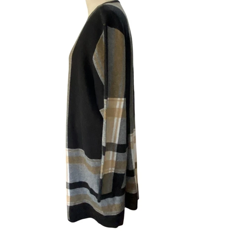 Cárdigan largo abierto Anne Klein imitación cuero camel a presión a cuadros Foto 3 de 4