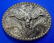 Texas Longhorn Head Steer Ornate Silver Color Western Rodeo Cowboys Belt Buckle
