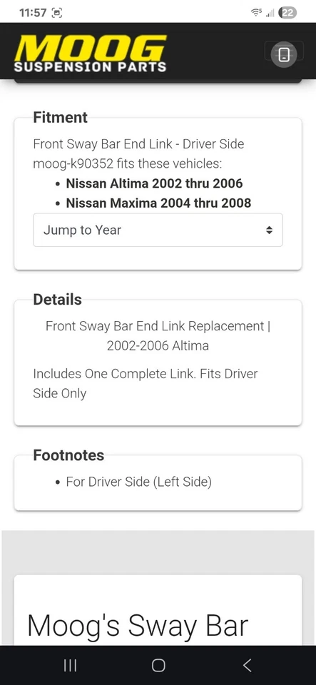 04-08 Nissan Máxima K90352 Barra estabilizadora suspensión delantera izquierda enlace final Foto 2 de 3