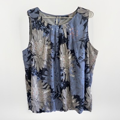 Gina Benotti Sleeveless Blouse Elegant Shirred Gray Blue Floral Lined XL
