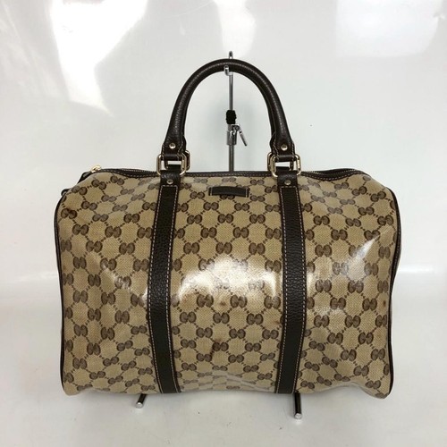 GUCCI Crystal GG Canvas Leather Boston Travel Handbag Brown Used From Japan