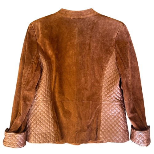 Rexy Moto Jacket Brown Quilted Leather and Suede Zip Up Jacket by Isaac Mizrahi - Picture 3 of 10