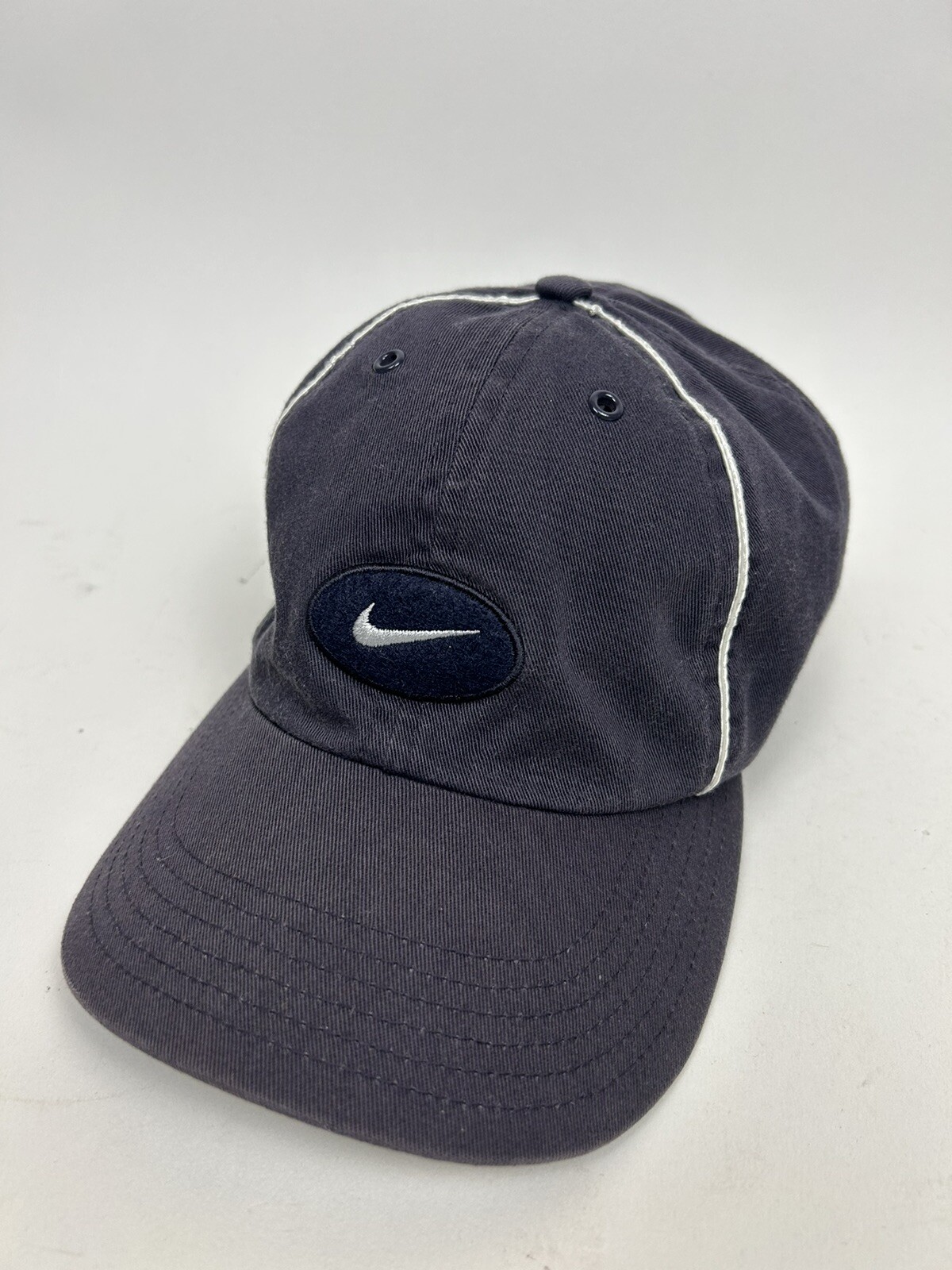 Vintage Nike Hat Cap Strap Back Gray Navy Center Swoosh 90s Oval Spellout