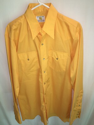 MENS dj poly cotton yellow western rockabilly Vintage Shirt Pearl Snap L 46''