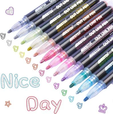 HIYOUER Double Line Outline Pens 12 Colours Shimmer Metallic Markers Glitter Pens for P