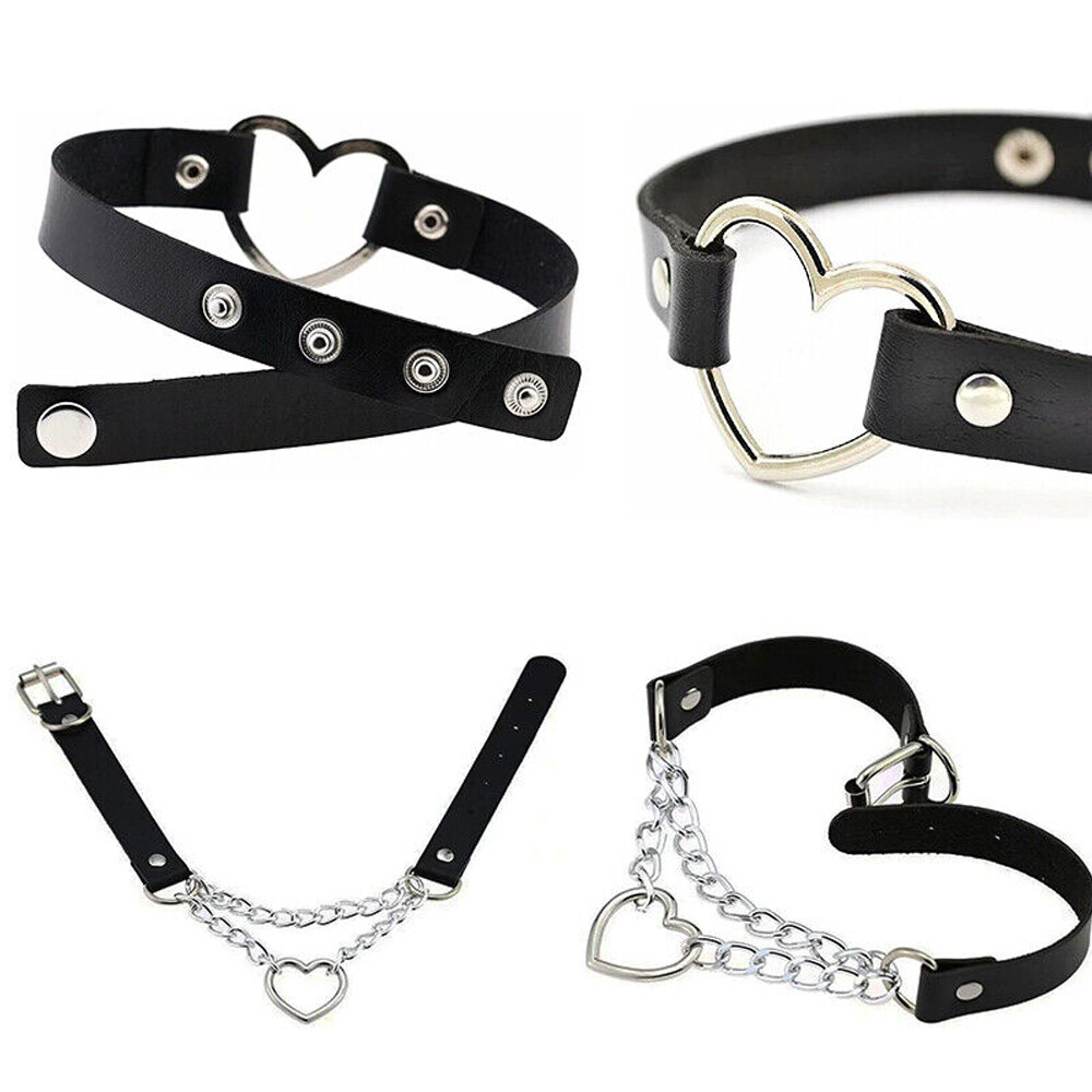 PU Leather Choker Necklace Adjustable Heart Chain Neck Collar Goth