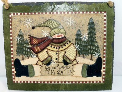 VTG Hand Painted Tole SNOWMAN FAUX SLATE WALL Decor Rustic SNOWFLAKE WINTER