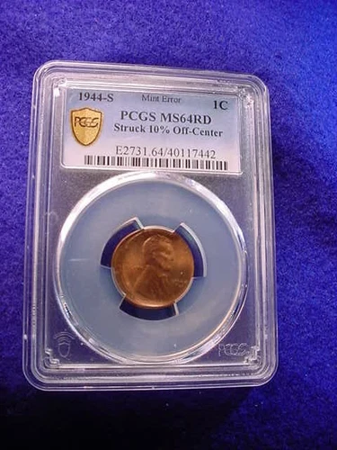 1944-S LINCOLN CENT 10% OFF CENTER PCGS CERTIFIED MS--64 RED  MINT ERROR!! #4