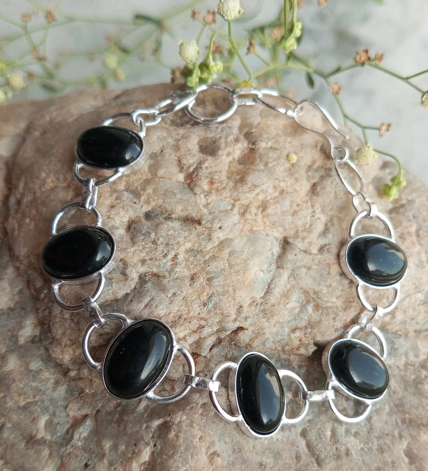 Oferta Brazalete de Moda para Mujer Piedras Preciosas de Ónix Negro Chapado en Plata de Ley 925 1 pieza Foto 2 de 2