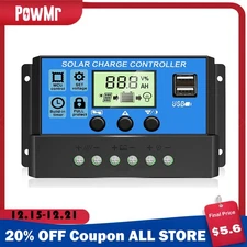 30A Solar Panel Battery Charge Controller 12V/24V LCD Regulator Auto Dual USB US