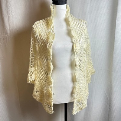 Vintage Womens Crochet Shawl Ivory Prairie Cottagecore Fairy Boho Romantic EUC