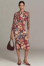 NWT Anthropologie Long-Sleeve Halter Mesh Midi Dress XXS 2XS Floral Pink