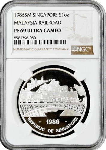 Singapore 1 oz 1986 SM, NGC PF69 UC, "Singapore-Malaysia Railroad" Top Pop