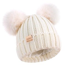 Kids Winter Beanie Hat Warm Ski Caps with Pompom Fleece Lined Children's White