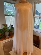 Double Chiffon Lace Peignoir Set Vtg 60s Lingerie Ivory w Ribbon Trim Applique L