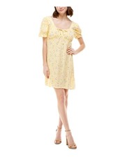 PLANET GOLD Womens Fit + Flare Short Dress Yellow Pouf Sleeve Bow Juniors S