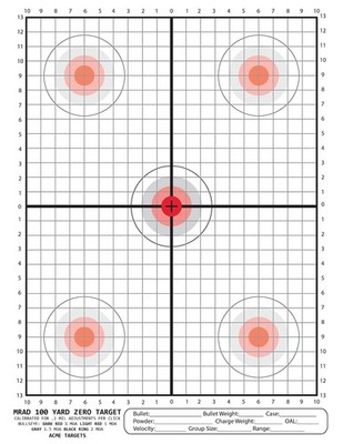 MRAD 100 Yard Zero Target .1 Mil Click Calibration Rifle Scope Target 25 Pack