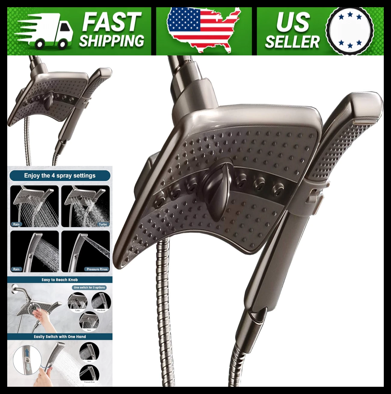 Bright Showers High Pressure Shower Head Combo Brushed Nickel