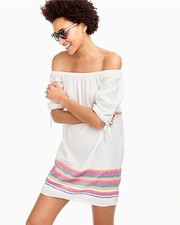 J Crew White Off-the-shoulder Beach Dress with Rainbow Stripes Sz Small NWT $78