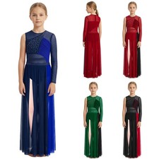 Girls Lyrical Dance One Shoulder Contemporary Side Split Dress Party Rhinestone