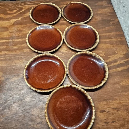 Lot of 6 Hull Pottery Brown Drip Glaze 10.5" Dinner Plates VTG Oven Proof USA