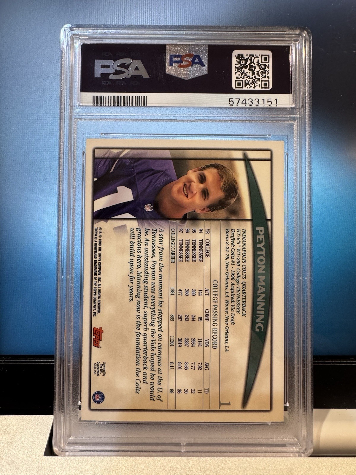 1998 TOPPS PEYTON MANNING PSA 9 MINT  #1 SEASON OPENER view 2
