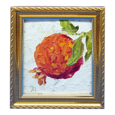 Original Pomegranate Painting 4.8x4.3 in Textured Oil Art, Gold Frame Wall Art