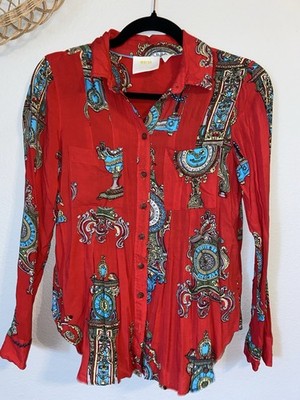 Maeve Anthropologie Top 0 Red Button Down Whimsy Antique Clock Eclectic Boho