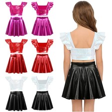 Kids Girls Crop Top Flared A-Line Skirt Costume 2-Piece Sparkly Dance Set Rave