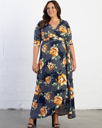 Abito Kiyonna Prato Stile Sogno Blu Floreale 5X Maxi Vero Avvolgente Festa Versatile