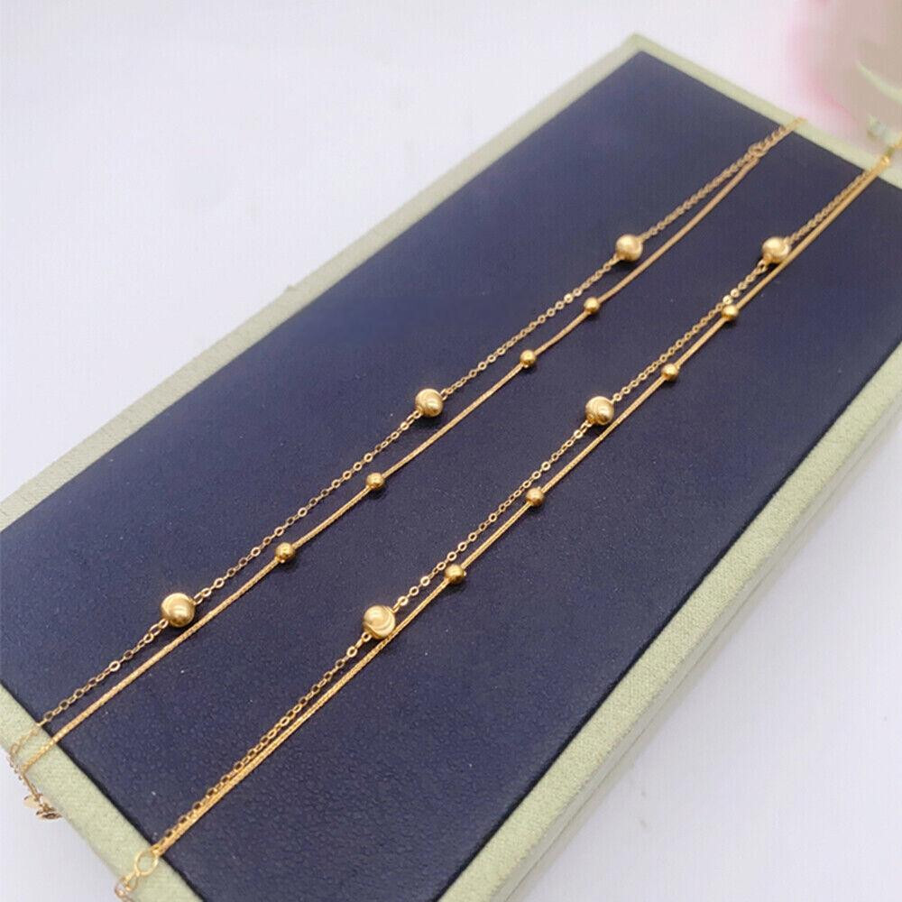 aU750 18K Yellow Gold Chain Thin Beads Wheat O Link Bracelet 6.4