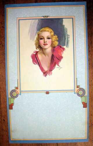 1930s Pinup Girl Picture by Erbit Pastel Blond w/ Deco Border    M - Afbeelding 1 van 3