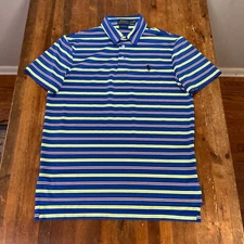 Ralph Lauren Polo Shirt Mens Medium Blue Striped Performance Casual Preppy Golf