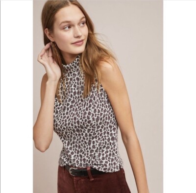 Anthropologie Akemi + Kin Leopard Animal Print Mock Neck Top Metallic Boho S NWT