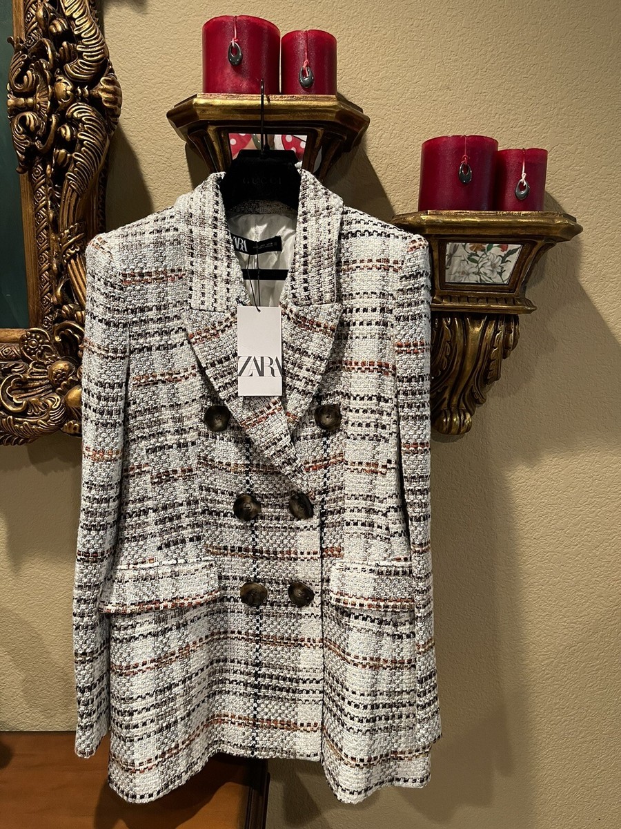 100% Authentic ZARA Tweed Check Print Blazer with Buttons $119+Tax