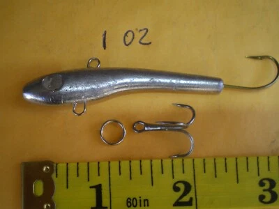 HOME MADE 5 MINNOW JIGGING/CASTING FISHING LURE BAIT, 1 OZ/UNPAINTED W/ON SIDE HOOK & TAIL