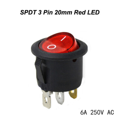 Weideer 20A 12VDC Round Rocker Switch With Red LED - SPST ON/OFF, 3 Pin, With Mounting Shell
