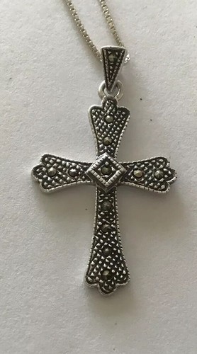 JC STERLING SILVER HEMATITE STONES CROSS PENDANT 17” BOX CHAIN NECKLACE 925 - Picture 3 of 9