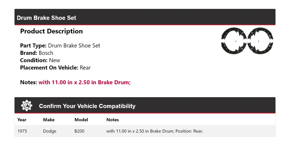 For 1975 Dodge B200 Bosch Drum Brake Shoe Set Rear - Image 2 of 3