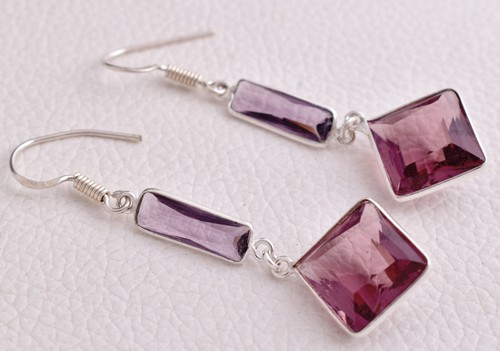 Handmade Sterling Silver Amethyst Square Shape silver/Gold/Rose Plated Earrings - Picture 5 of 7