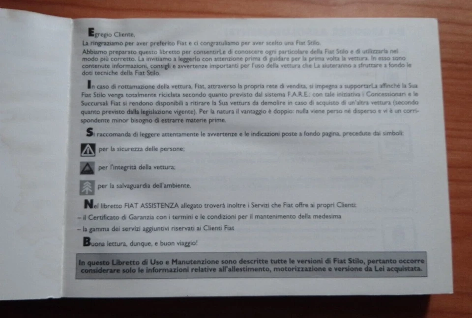 Libretto uso e manutenzione FIAT STILO - Anno 2003 - Immagine 2 di 4