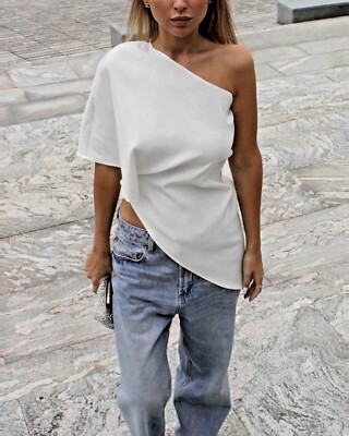 Zara Asymmetric Voluminous Cape Off Shoulder T-Shirt White S