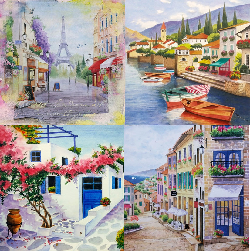 4 x MIXED Single Napkin/3-Ply/33cm/Decoupage/Collage of Mediterranean Scenes