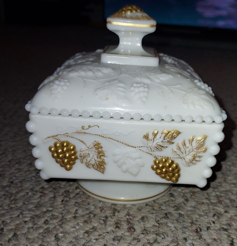 Westmoreland Milk Glass Gold Decoration Beaded Grape Covered Candy Dish