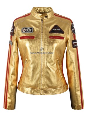 SIZMA Damen Gold/Silber Foliert Lederjacke Retro Biker Racer Style Jessica