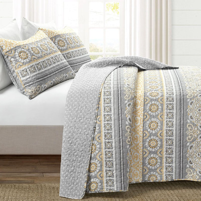 Nesco Stripe Reversible Cotton 3 Piece Quilt Set, Full/Queen, Yellow & Gray