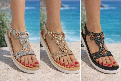 Womens Platform T-Bar Sandals Diamante Flower Embellished Comfort Summer Holiday