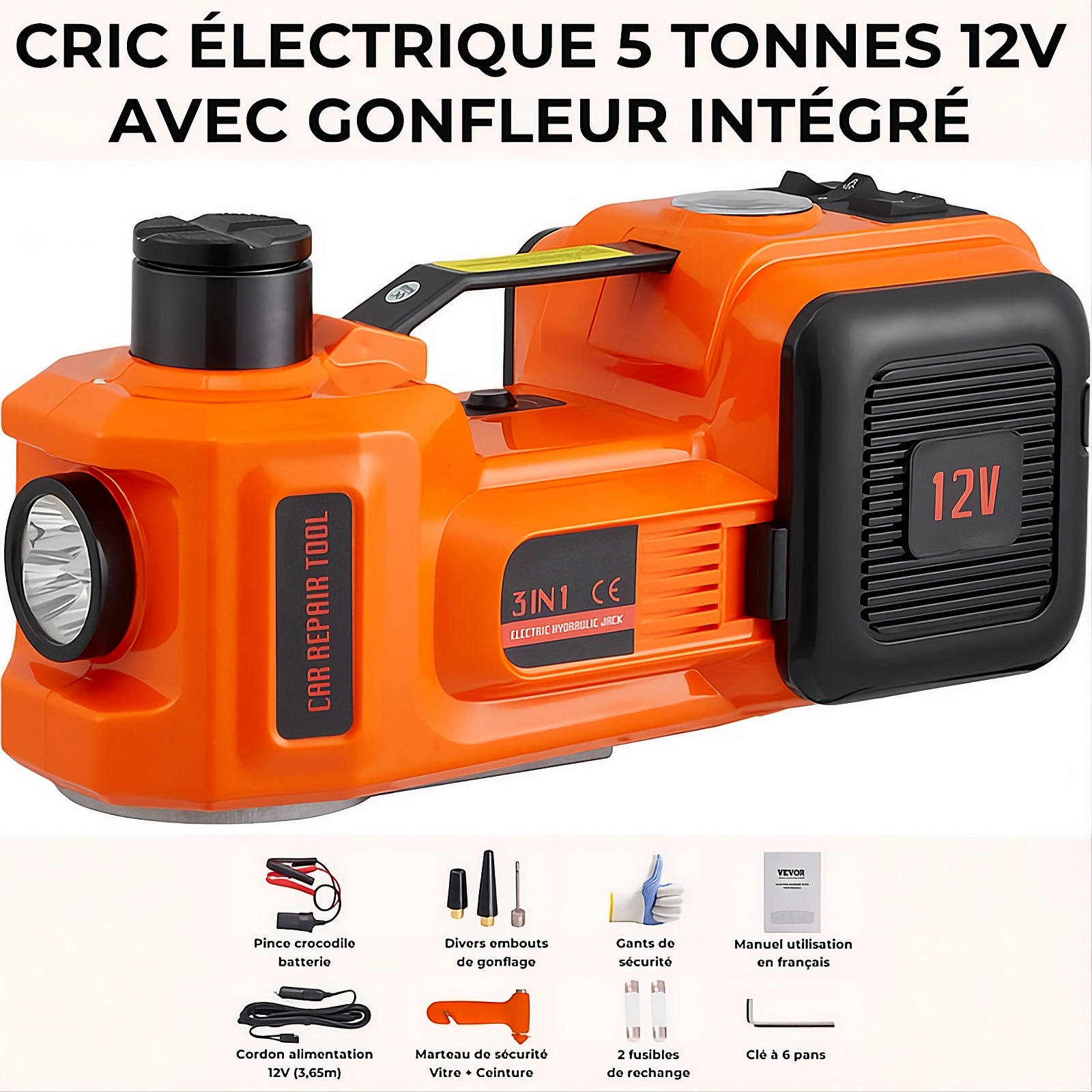 Cric hydraulique électrique 12V 5T avec gonfleur intégré pour voiture