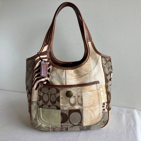COACH Ergo Patchwork Hobo Shoulder Bag Signature Zebra Beige Brown Y2K Vintage